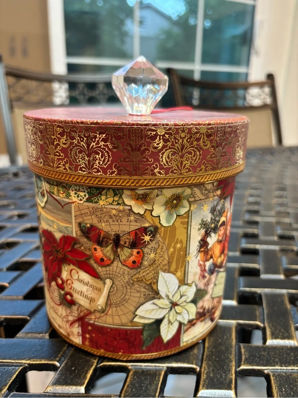 Holiday Decorative Tin with Crystal Knob and Red Tassel